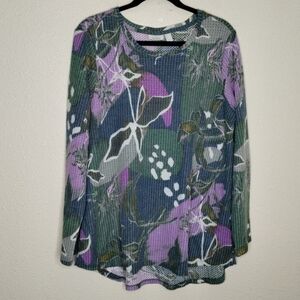 LOGO by Lori Goldstein Long Sleeve Floral Print Waffle Knit Top Size Medium